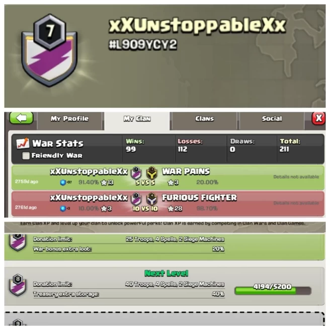C248◈CLAN NAME: xXunstoppableXx◈CLAN LEVEL: 7◈WAR LOG: WINS-99,LOSS-112◈TRUSTED SELLER▰EXTRA ORDINARY STORE