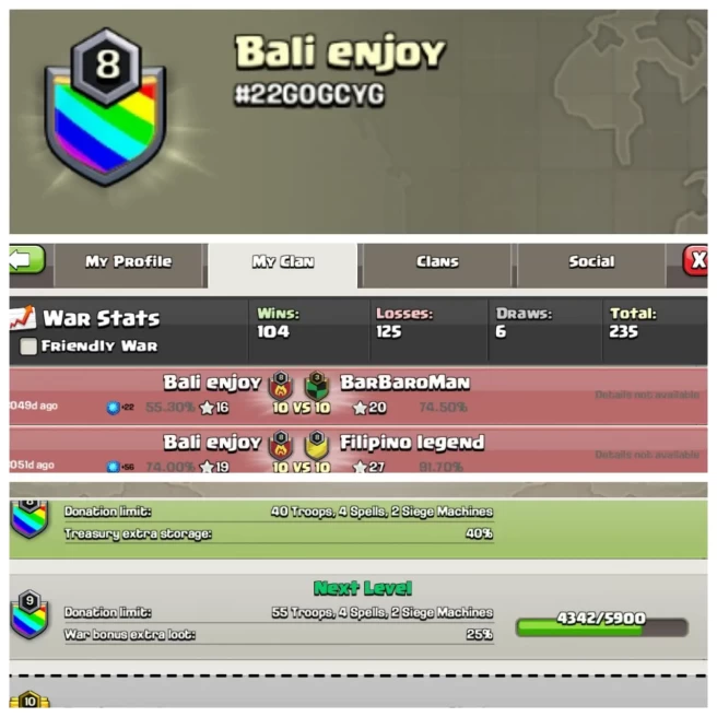 C249◆CLAN NAME: Bali enjoy◆CLAN LEVEL: 8◆WAR LOG: WINS-104,LOSS-125◆KYC SELLER▰EXTRA ORDINARY STORE