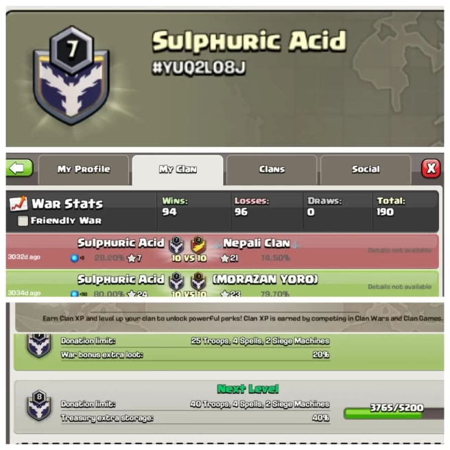 C250▰CLAN NAME: Sulphuric acid▰CLAN LEVEL: 7▰WAR LOG: WINS-94 / LOSS-96▰READY FOR WAR▰EXTRA ORDINARY STORE