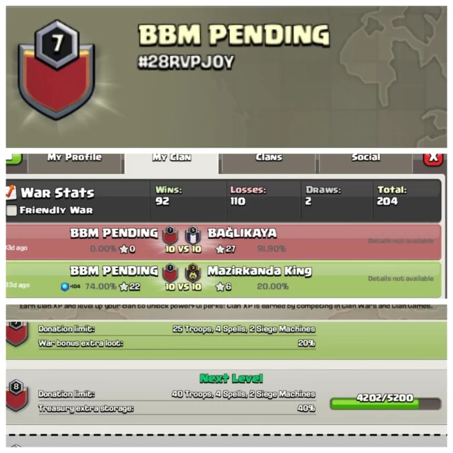 C252◈CLAN NAME: BBM PENDING◈CLAN LEVEL: 7◈WAR LOG: WINS-92,LOSS-110◈TRUSTED SELLER▰EXTRA ORDINARY STORE