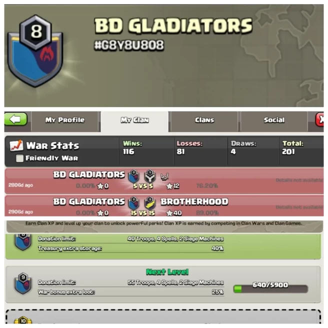 C254▰CLAN NAME: BD GLADIATORS▰CLAN LEVEL: 8▰POSITIVE WAR LOG: WINS-116 | LOSS-81▰CHEAP RATE IN MARKET▰EXTRA ORDINARY STORE