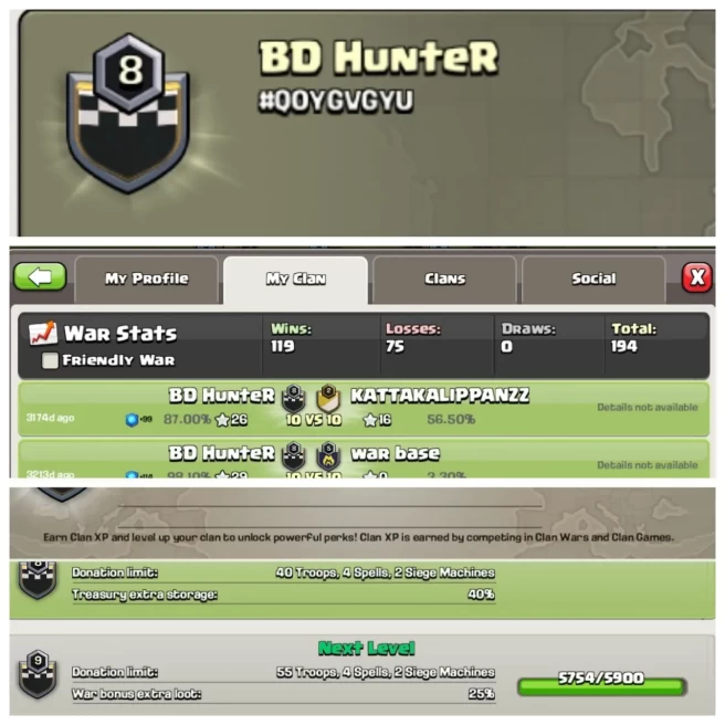 C255◆CLAN NAME: BD hunter◆CLAN LEVEL: 8◆POSITIVE WAR LOG: WINS-119 | LOSS-75◆BEST PRICE IN MARKET▰EXTRA ORDINARY STORE