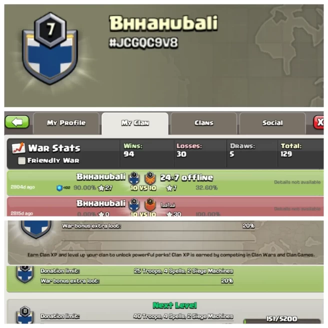 C256▰CLAN NAME: Bhhahubali▰CLAN LEVEL: 7▰POSITIVE WAR LOG: WINS-94 | LOSS-30▰CHEAP RATE IN MARKET▰EXTRA ORDINARY STORE