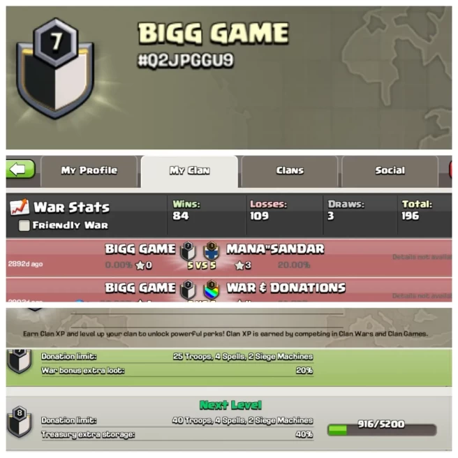 C257◈CLAN NAME: BIGG GAME◈CLAN LEVEL; 7◈WAR LOG: WINS-84,LOSS-109◈TRUSTED SELLER▰EXTRA ORDINARY STORE