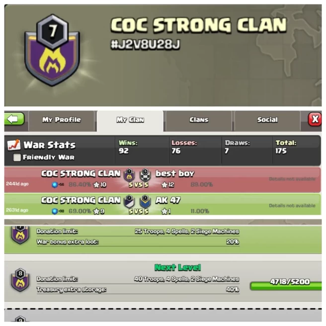 C259▰CLAN NAME: COC STRONG CLAN▰CLAN LEVEL: 7▰POSITIVE WAR LOG: WINS-92 / LOSS-76▰INSTANT DELIVERY▰EXTRA ORDINARY STORE