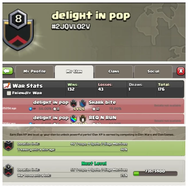C261◈CLAN NAME: delight in pop◈CLAN LEVEL: 8◈POSITIVE WAR LOG: WINS-132 | LOSS-43◈READY FOR WAR▰EXTRA ORDINARY STORE
