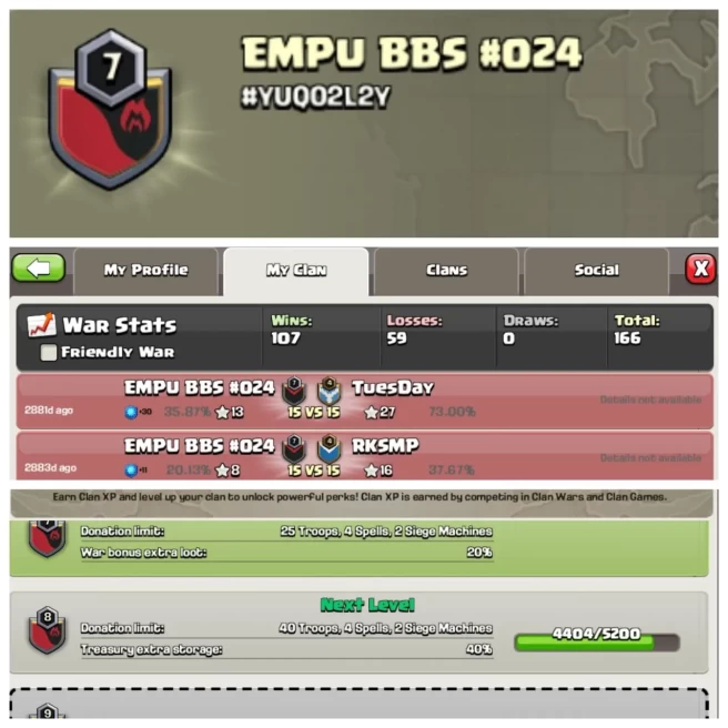 C262▰CLAN NAME: EMPU BBS #024▰CLAN LEVEL: 7▰POSITIVE WAR LOG: WINS-107 | LOSS-59▰CHEAP RATE IN MARKET▰EXTRA ORDINARY STORE