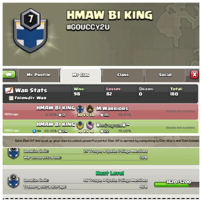 C263◈CLAN NAME: HMAW BI KING◈CLAN LEVEL: 7◈POSITIVE WAR LOG: WINS-98 | loss-82◈BEST PRICE▰EXTRA ORDINARY STORE