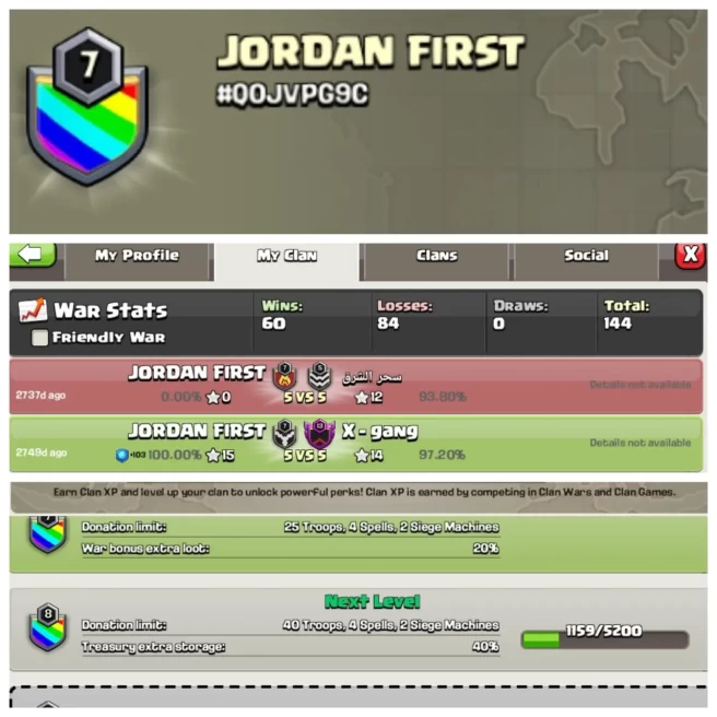 C264◆CLAN NAME: JORDAN FIRST◆CLAN LEVEL: 7◆WAR LOG: WINS-60,LOSS-84◆TRUSTED SELLER▰EXTRA ORDINARY STORE