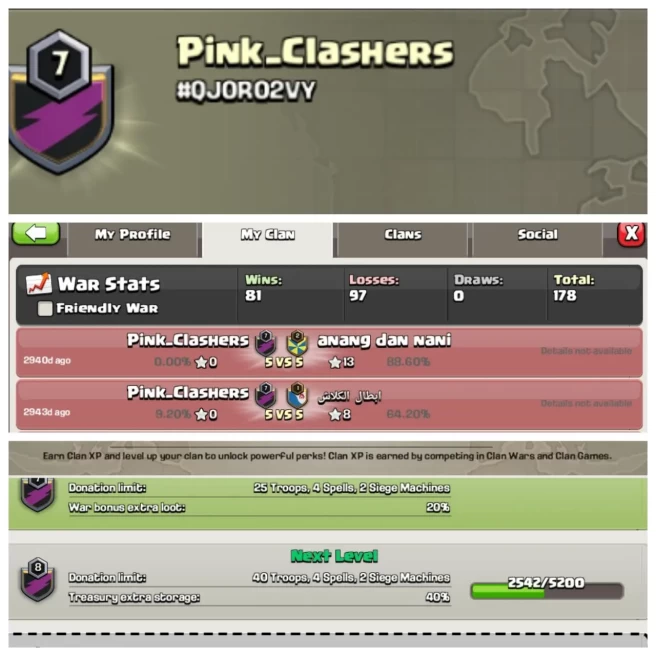 C267◈CLAN NAME: Pink_Clashers◈CLAN LEVEL: 7◈WAR LOG: WINS-81,LOSS-97◈KYC SELLER▰EXTRA ORDINARY STORE