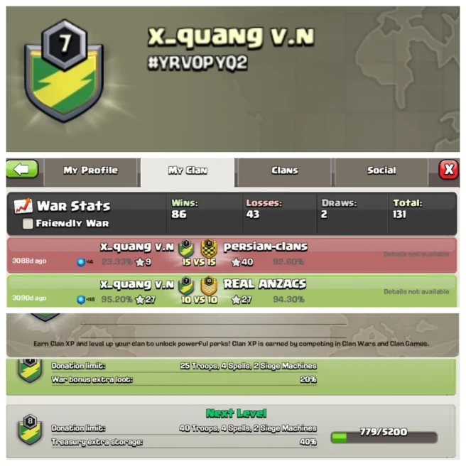 C270◆CLAN NAME: X_quang v.n◆CLAN LEVEL: 7◆POSITIVE WAR LOG: WINS-86 | LOSS-43◆BEST PRICE JN MARKET▰EXTRA ORDINARY STORE