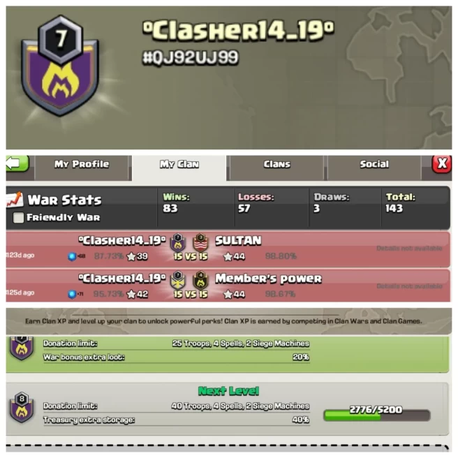 C271▰CLAN NAME: °CLASHER14_19°▰CLAN LEVEL: 7▰POSITIVE WAR LOG: WINS-83 | LOSS-57▰CHEAP RATE IN MARKET▰EXTRA ORDINARY STORE