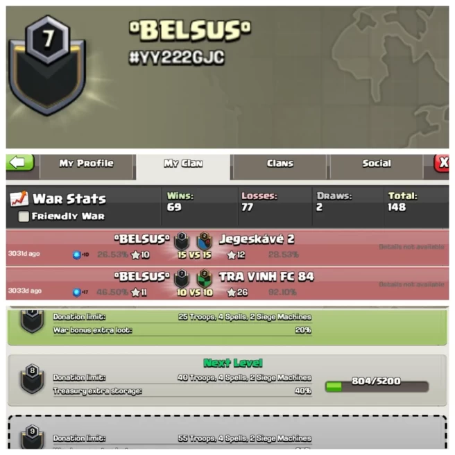C272◈CLAN NAME: °BELSUS°◈CLAN LEVEL: 7◈WAR LOG: WINS-69,LOSS-78◈KYC SELLER▰EXTRA ORDINARY STORE