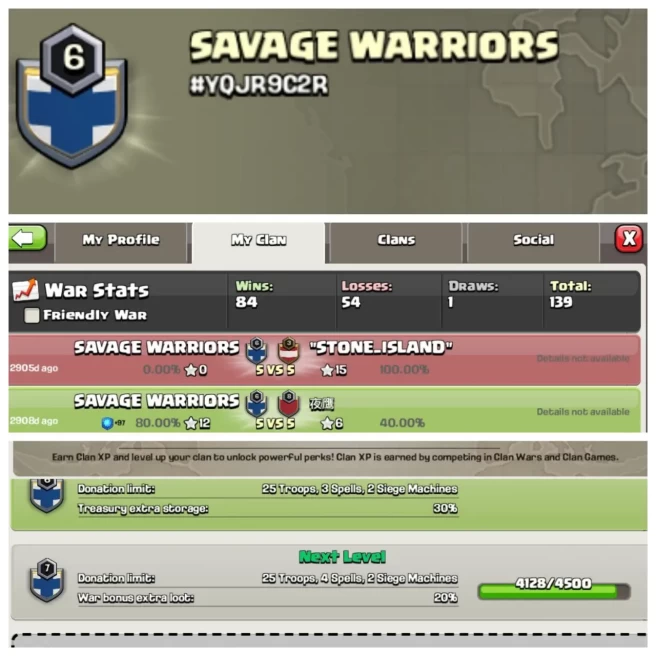 C274▰CLAN NAME: SAVAGE WARRIORS▰CLAN LEVEL: 6▰POSITIVE WAR LOG: WINS-84,LOSS-54▰TRUSTED SELLER▰EXTRA ORDINARY STORE