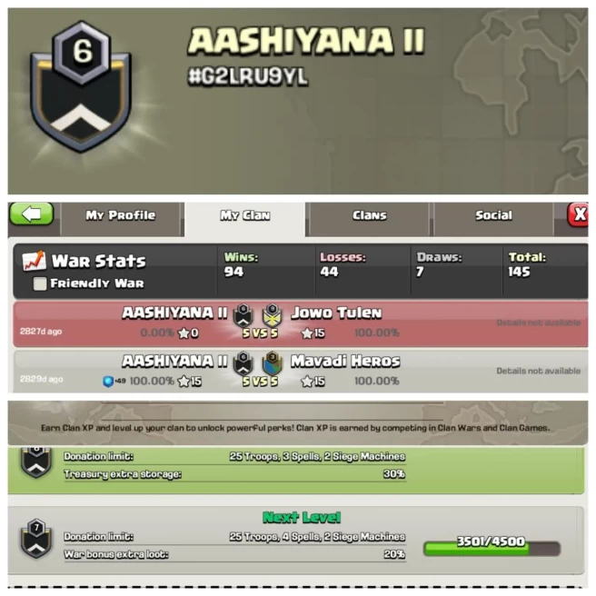 C275◈CLAN NAME: AASHIYANA II◈CLAN LEVEL: 6◈POSITIVE WAR LOG: WINS-94 | LOSS-44◈READY FOR WAR◆EXTRA ORDINARY STORE