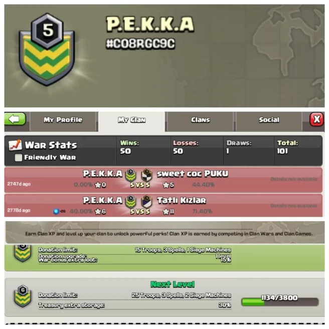 C276◆CLAN NAME: P.E.K.K.A◆CLAN LEVEL: 5◆NEUTRAL WAR LOG: WINS & LOSS=50◆INSTANT DELIVERY◆EXTRA ORDINARY STORE