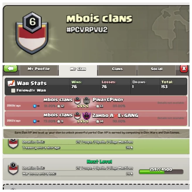 C279◈CLAN NAME: Mbois clans◈CLAN LEVEL: 6◈WAR LOG: WINS-76,LOSS-76◈TRUSTED SELLER◆EXTRA ORDINARY STORE