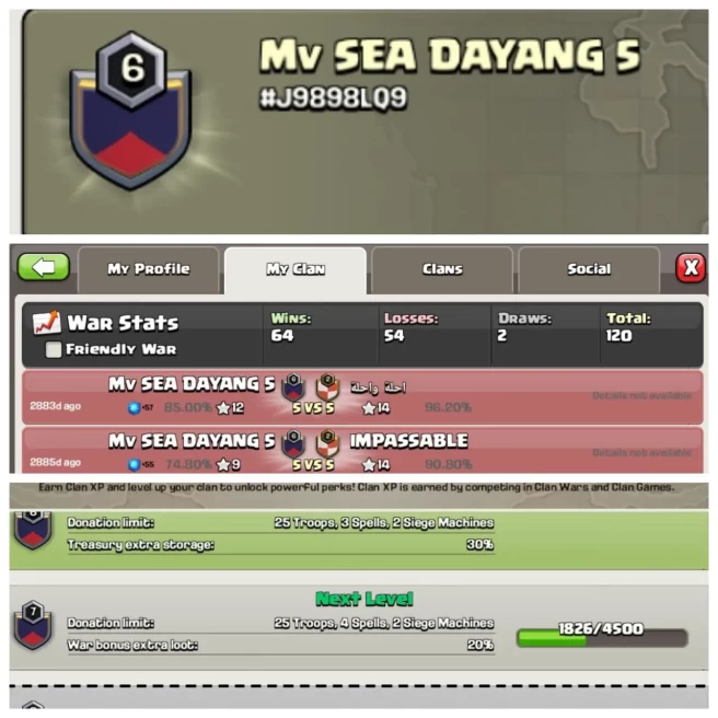 C280◆CLAN NAME: Mv SEA DAYANG 5◆CLAN LEVEL: 6◆POSITIVE WAR LOG: WINS-64,LOSS-54◆KYC SELLER◆EXTRA ORDINARY STORE