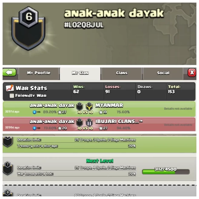 C281▰NAME: anak-anak dayak▰LEVEL: 6▰WAR LOG: WINS-62,LOSS-91▰READY FOR WAR◆EXTRA ORDINARY STORE