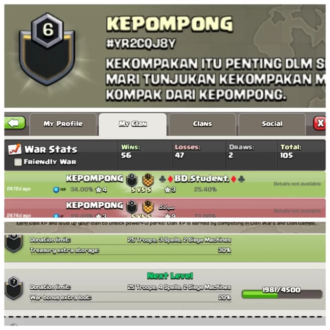 C283▰CLAN NAME: KEPOMPOMG▰CLAN LEVEL: 6▰POSITIVE WAR LOG: WINS-56 / LOSS-47▰CHEAP RATE IN MARKET◆EXTRA ORDINARY STORE
