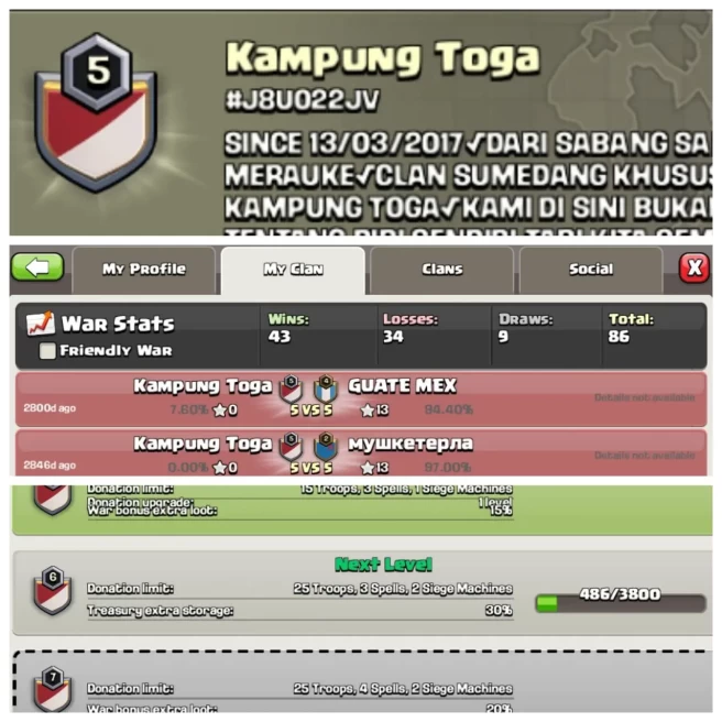 C285◆CLAN NAME: Kampung toga◆CLAN LEVEL: 5◆POSITIVE WAR LOG: WINS-43 | LOSS-34◆INSTANT DELIVERY◆EXTRA ORDINARY STORE