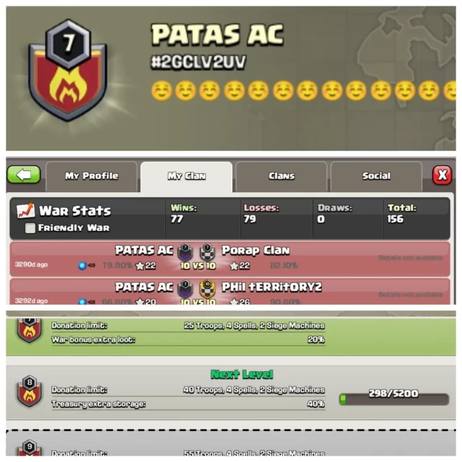 C286▰CLAN NAME: PATAS AC▰CLAN LEVEL: 7▰WAR LOG: WINS-77 / LOSS-79▰READY FOR WAR◆EXTRA ORDINARY STORE