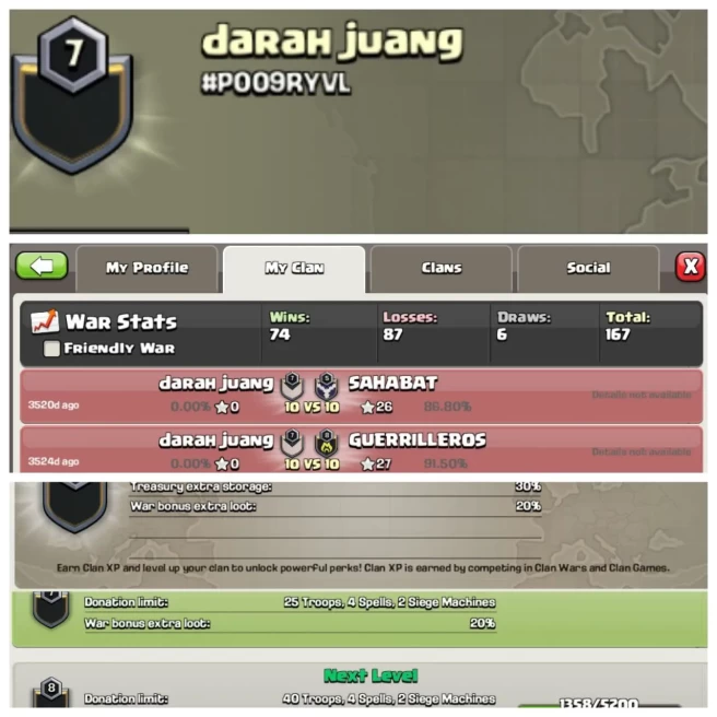 C288◆CLAN NAME: darah juang◆CLAN LEVEL: 7◆WAR LOG: WINS-74,LOSS-87◆CHEAP RATE IN MARKET◆EXTRA ORDINARY STORE
