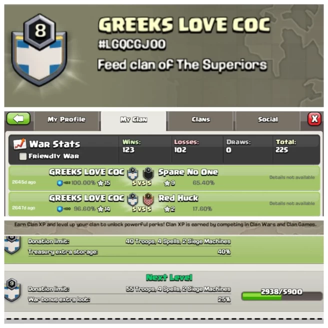 C291▰CLAN NAME: GREEKS LOVE COC▰CLAN LEVEL: 8▰POSITIVE WAR LOG: WINS-123 / LOSS-102▰READY FOR WAR◆EXTRA ORDINARY STORE
