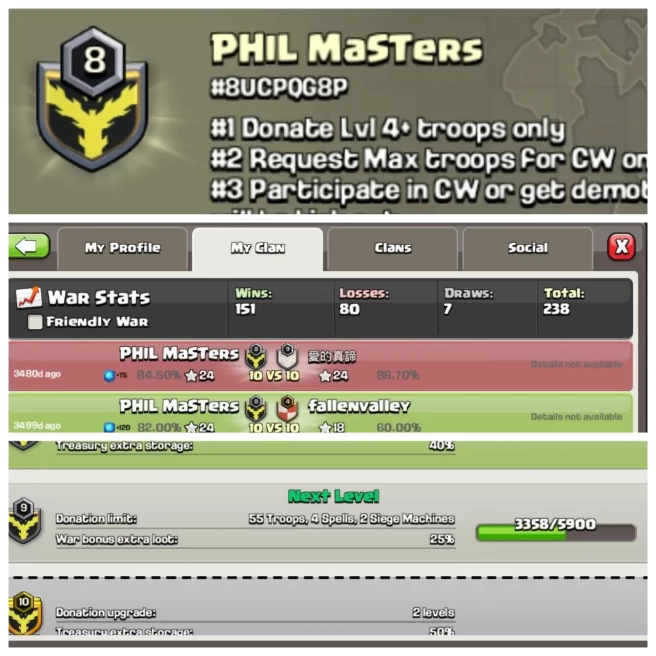 C295▰CLAN NAME: Phil masters▰CLAN LEVEL: 8▰POSITIVE WAR LOG: WINS-151 / LOSS-80▰BEST PRICE IN MARKET◆EXTRA ORDINARY STORE