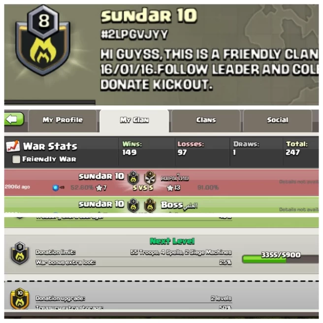 C296◈CLAN NAME: Sundar 10◈CLAN LEVEL: 8◈POSITIVE WAR LOG: WINS-149,LOSS-97◈KYC SELLER◆EXTRA ORDINARY STORE