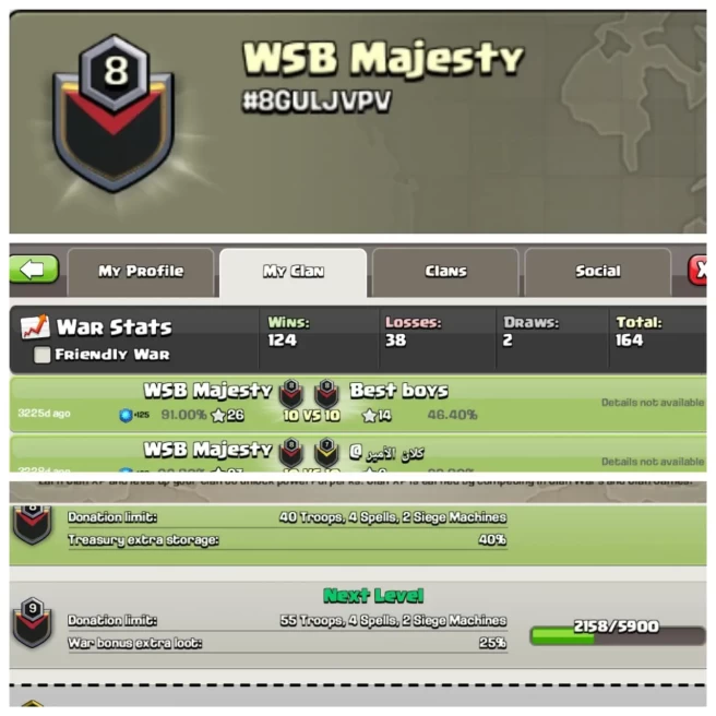 C299▰CLAN NAME: WSB Majesty▰CLAN LEVEL: 8▰POSITIVE WAR LOG: WINS-124 / LOSS-38▰INSTANT DELIVERY◆EXTRA ORDINARY STORE