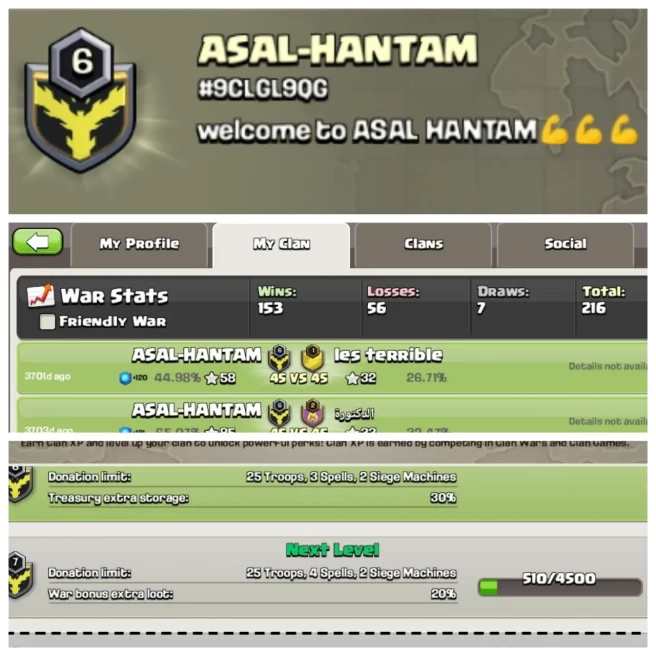 C300◈CLAN NAME: ASAL-HANTAM◈CLAN LEVEL: 6◈POSITIVE WAR LOG: WINS-153 | LOSS-56◈READY FOR WAR◆EXTRA ORDINARY STORE