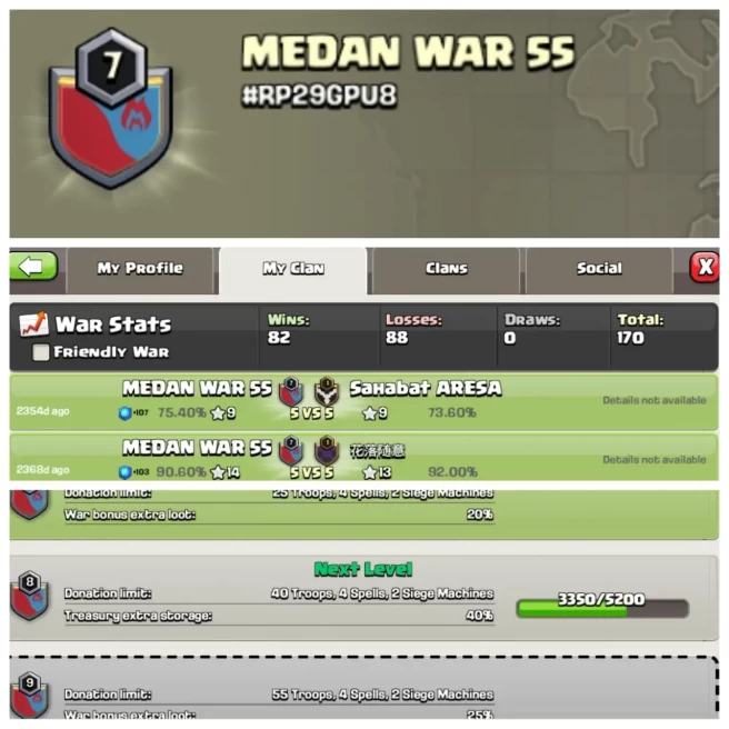 C301◈CLAN NAME: MEDAN WAR 55◈CLAN LEVEL: 7◈WAR LOG: WINS-82,LOSS-88◈READY FOR WAR◆EXTRA ORDINARY STORE