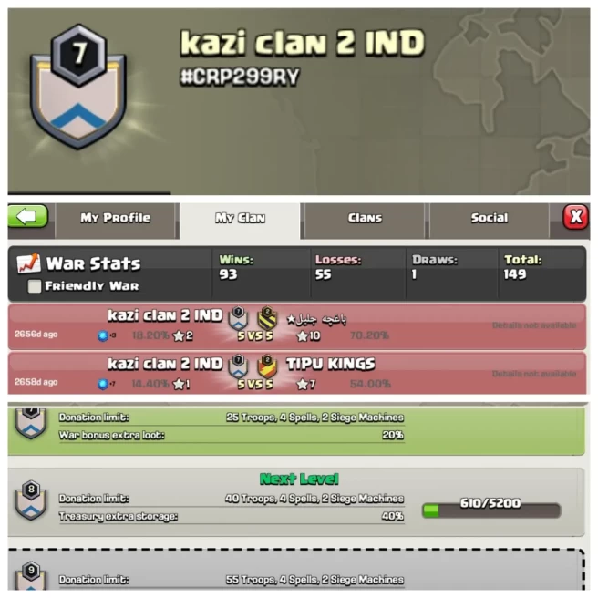 C302▰CLAN NAME: kazi clan 2 ind▰CLAN LEVEL: 7▰POSITIVE WAR LOG: WINS-93 / LOSS-55▰INSTANT DELIVERY◆EXTRA ORDINARY STORE
