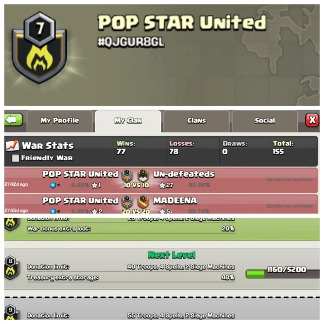 C304◈CLAN NAME: pop star united◈CLAN LEVEL: 7◈WAR LOG: WINS-77 | LOSS-78◈CHEAP RATE IN MARKET◆EXTRA ORDINARY STORE