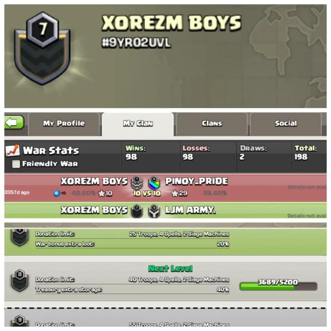 C307◈CLAN NAME: XOREZM BOYS◈CLAN LEVEL: 7◈WAR LOG: WINS & LOSS=98◈INSTANT DELIVERY◆EXTRA ORDINARY STORE