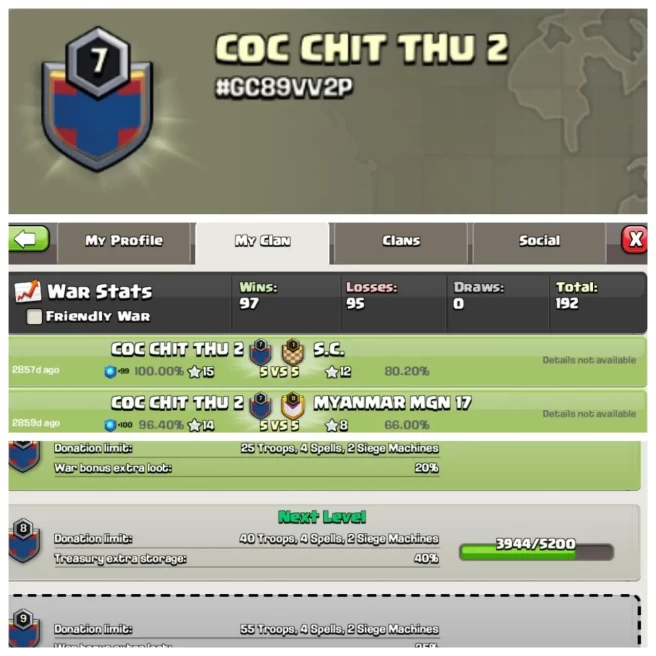 C308▰CLAN NAME: COC CHIT THU 2▰CLAN LEVEL: 7▰POSITIVE WAR LOG: WINS-97,LOSS-95▰BEST PRICE IN MARKET◆EXTRA ORDINARY STORE