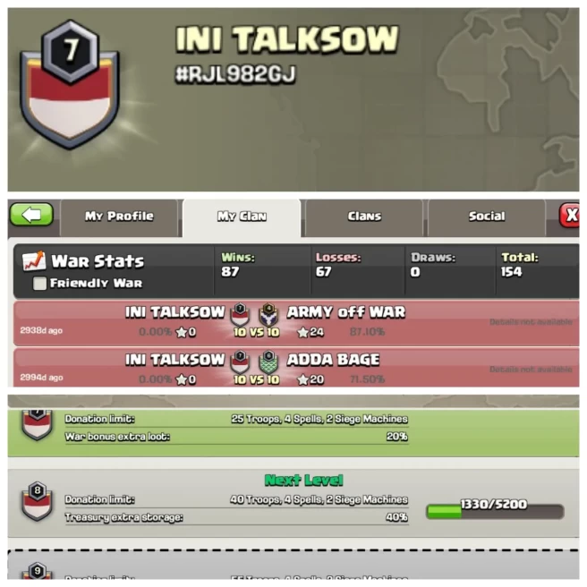 C309◆CLAN NAME: INI TALKSOW◆CLAN LEVEL: 7◆POSITIVE WAR LOG: WINS-87 | LOSS-67◆READY FOR WAR◆EXTRA ORDINARY STORE