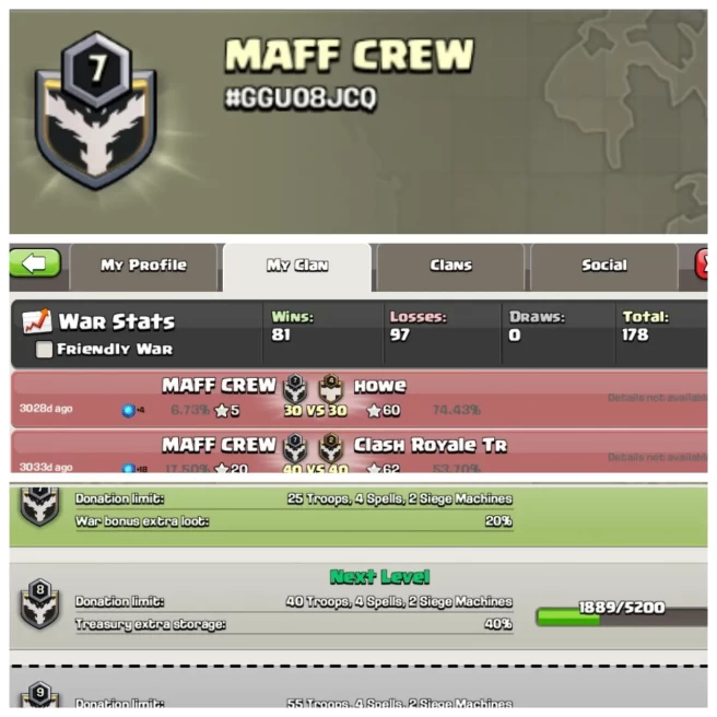 C310◈CLAN NAME: MAFF CREW◈CLAN LEVEL: 7◈WAR LOG: WINS-81,LOSS-97◈INSTANT DELIVERY◆EXTRA ORDINARY STORE