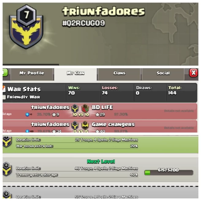 C311◈CLAN NAME: triunfadores◈CLAN LEVEL: 7◈WAR LOG: WINS-70,LOSS-74◈CHEAP RATE IN MARKET◆EXTRA ORDINARY STORE