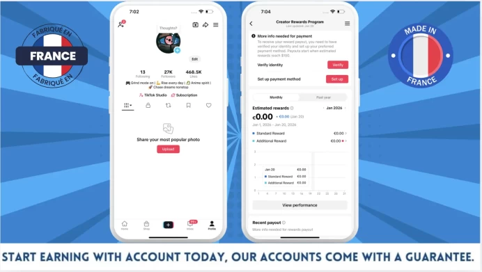 100% Monetized France Account Creator Rewards Program Active | 27k Real Followers & 468k Likes | Real Screenshots + Full Access + Good Standing