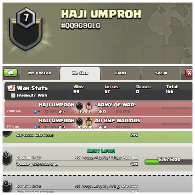 C313◆CLAN NAME: HAJI UMPROH◆CLAN LEVEL: 7◆POSITIVE WAR LOG: WINS-99 | LOSS-67◆TRUSTED SELLER◆EXTRA ORDINARY STORE