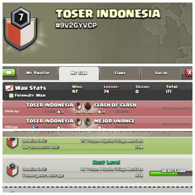 C314◈CLAN NAME: TOSER INDONESIA◈CLAN LEVEL: 7◈POSITIVE WAR LOG: WINS-97 / LOSS-74◈BEST PRICE IN MARKET◆EXTRA ORDINARY STORE