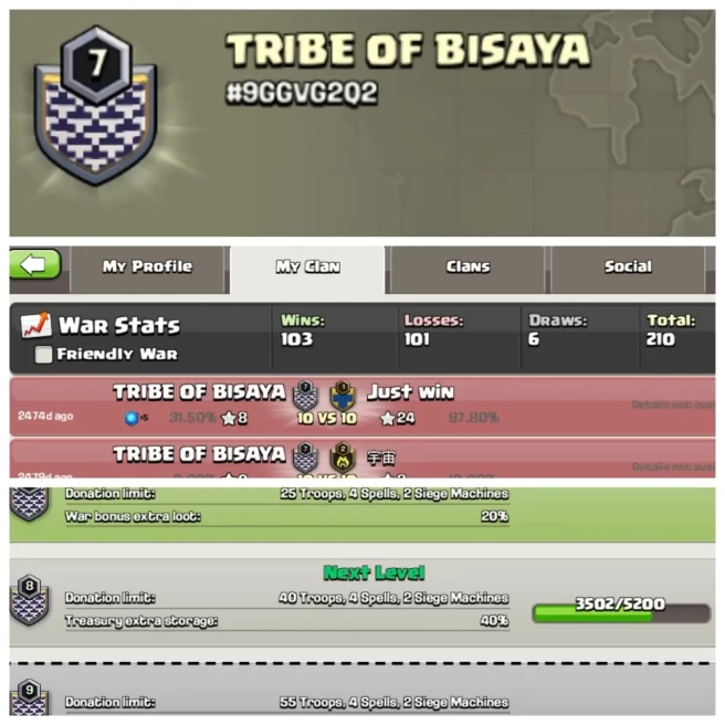 C315▰CLAN NAME: TRIBE OF BISAYA▰CLAN LEVEL: 7▰POSITIVE WAR LOG: WINS-103 / LOSS-101▰CHEAP RATE IN MARKET◆EXTRA ORDINARY STORE