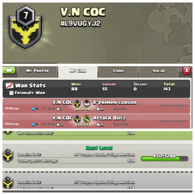 C316◈CLAN NAME: V.N COC◈CLAN LEVEL: 7◈POSITIBE WAR LOG: WINS-88 | LOSS-55◈READY FOR WAR◆EXTRA ORDINARY STORE