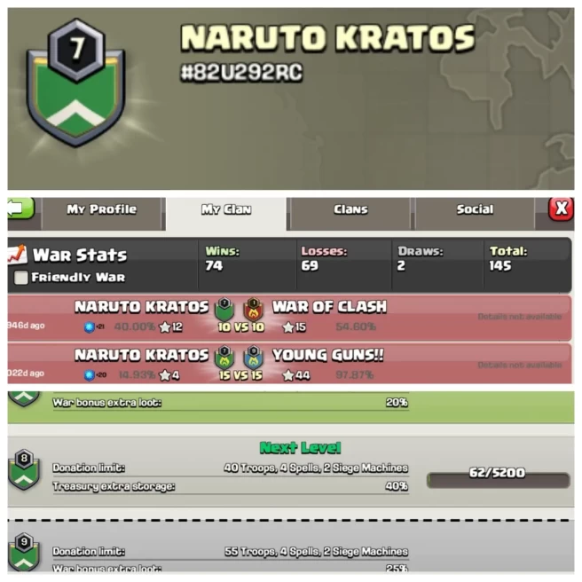 C319◈CLAN NAME: NARUTO KRATOS◈CLAN LEVEL: 7◈POSITIVE WAR LOG: WINS-74 | LOSS-69◈TRUSTED SELLER◆EXTRA ORDINARY STORE