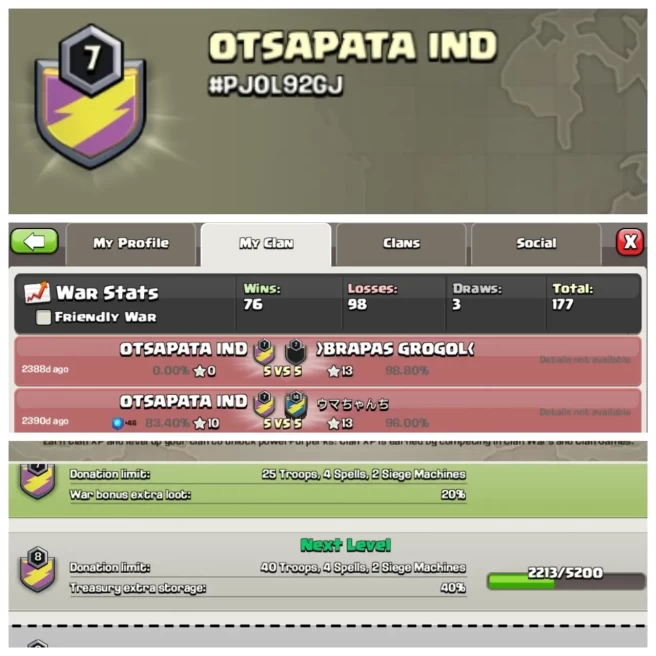 C320▰CLAN NAME: OTSAPATA IND▰CLAN LEVEL: 7▰WAR LOG: WINS-76,LOSS-98▰KYC SELLER◆EXTRA ORDINARY STORE