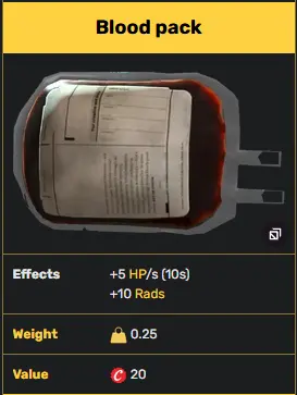 Blood pack [+5 HP/s (10s)+10 Rads] [Aid] x1000