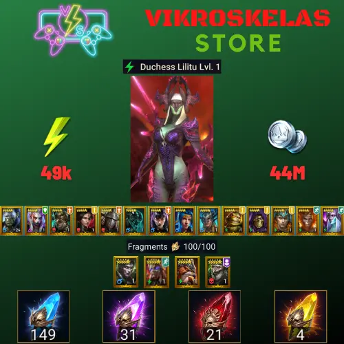 Starter with Lilitu + Shards : 149 Ancient, 31 Void, 21 Primal, 4 Sacred | Ninja + 16 Login Legendary | Mine max