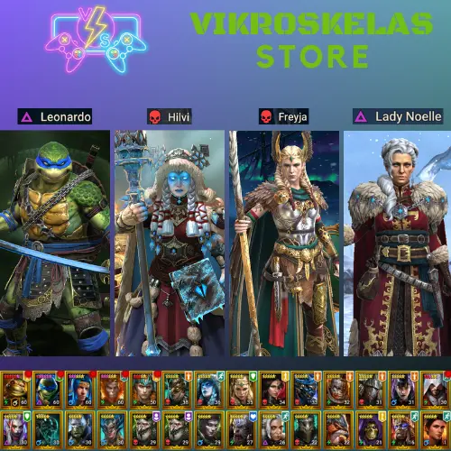 Leonardo, Hilvi, Freyja, Lady Noelle, Yukimasa, Kroz, Kassandra, Mathias, Drokgul | Arix, Ninja + 16 Login Legendary | 4 Sacred Shards